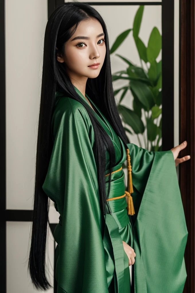 Girl, long black hair, green skin, green eye, wearing a kimono