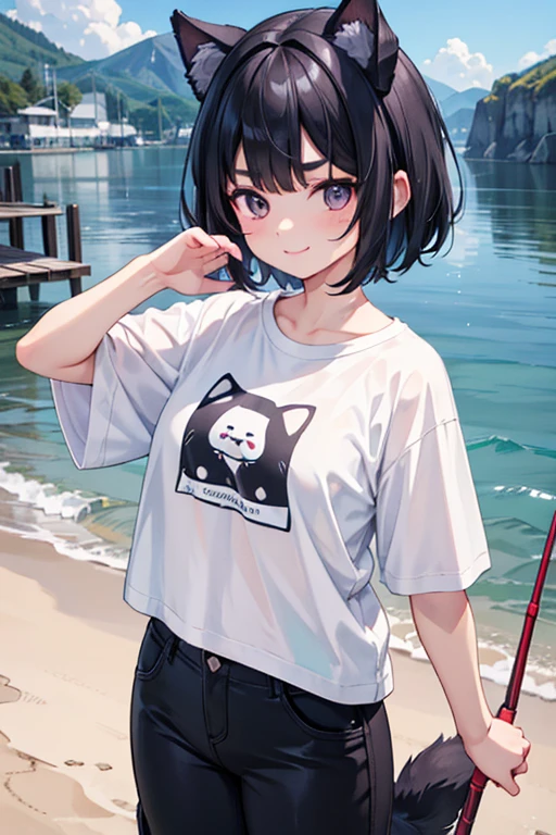 Dog ears,1 girl,smile,port,T-Shirts,Half pants,Black Hair,Short Hair,Thick eyebrows,masterpiece,best quality,super detailed,super fine illustration,8k,detailed background,flat chest,Fishing,dynamic angle