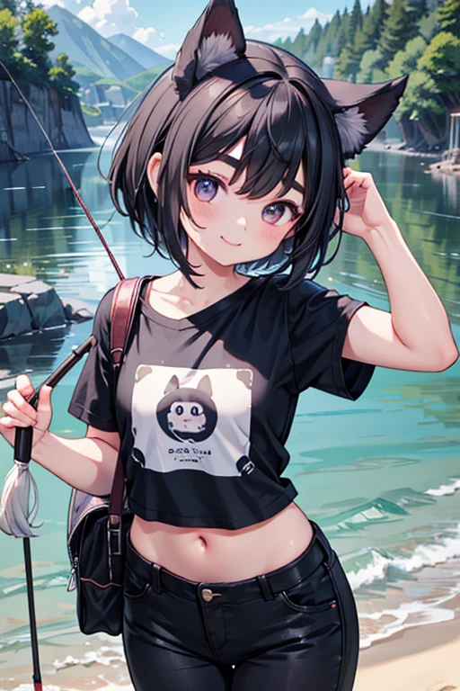 Dog ears,1 girl,smile,port,T-Shirts,Half pants,Black Hair,Short Hair,Thick eyebrows,masterpiece,best quality,super detailed,super fine illustration,8k,detailed background,flat chest,Fishing,dynamic angle