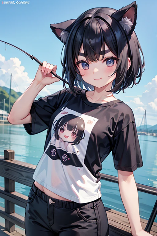 Dog ears,1 girl,smile,port,T-Shirts,Half pants,Black Hair,Short Hair,Thick eyebrows,masterpiece,best quality,super detailed,super fine illustration,8k,detailed background,flat chest,Fishing,dynamic angle