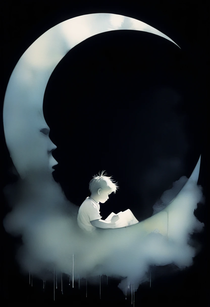Introductory screensaver of the film company Dream Works. Ashley Wood style, chemiluminescence. (animation. Boy sitting on a crescent moon, Night, 1 moon, Romance, fairytale background) (Minimalism: 1), detail tracing... Stephen Gammell style - Iai in the style of Stephen Gammell