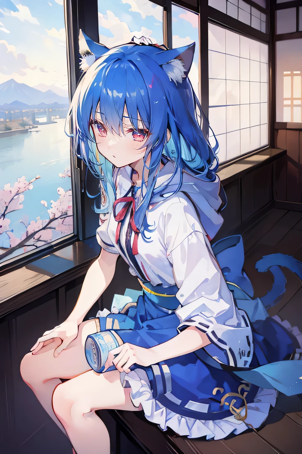 (maSterpiece:1.2),Super detailed,lifelike,ExpreSSive eyeS,fair Skin,perfect face Shape,1 girl,
JapaneSe comicS,GorgeouS blue hair,flowing blue hair,flowing clotheS,Cat earS,PetalS fall,beautiful lola,Baby Angel,The pavilion iS cool and comfortable,Smile, wearing hoodie, background of tokyo,back viewS,Snowing,Sitting on window Sill drinking coffee and looking out.