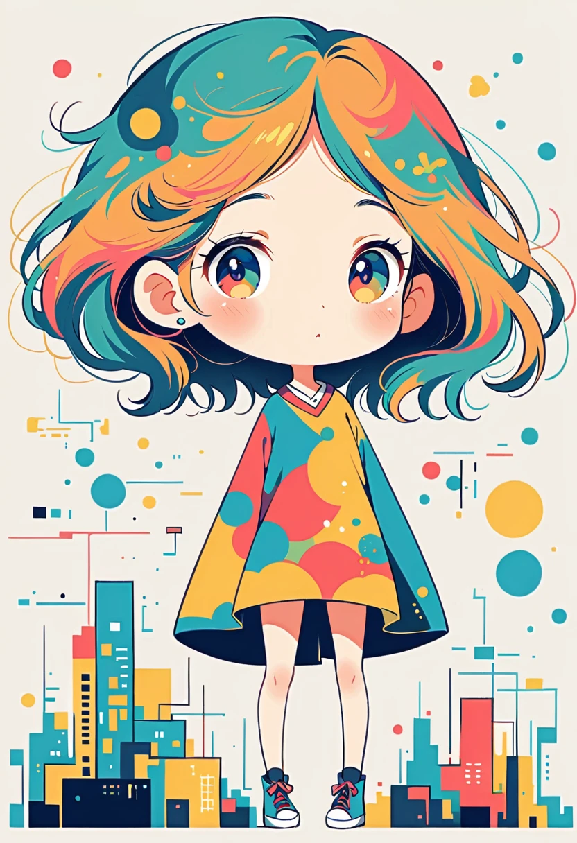 Watase Seizo style, Standing in front of a high wall,Simple line initials,Abstract art,Urban Background, (((The most beautiful girl))), (((Little)))