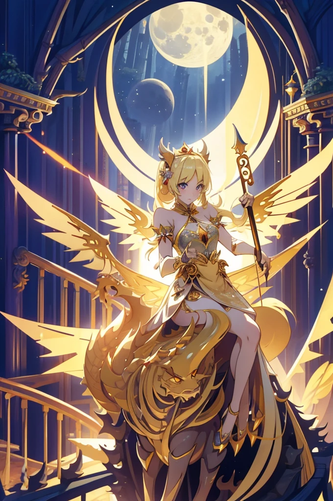 Princess (Blonde, wearing long dresses, Have a magic wand), background (forest, moon), Chinese Dragon (One, Five-clawed golden dragon, Two Wings), Princess riding a dragon