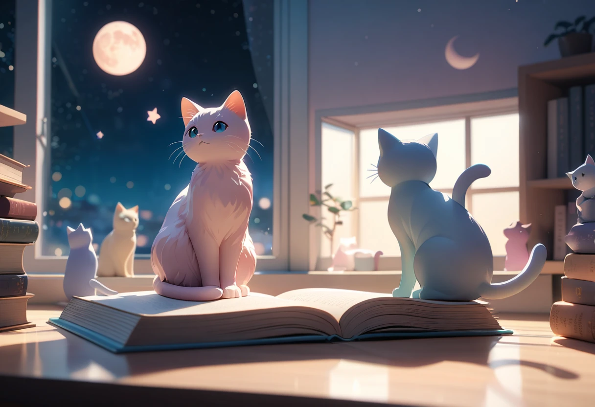 (highest quality:1.2), Beautiful lo-fi minimalist vibe, Cat, Book, window, moon, light bokeh, In soft colors, Sparkling, dynamic side angle, Natural soft lighting, 8K resolution, figure, pastel four colors