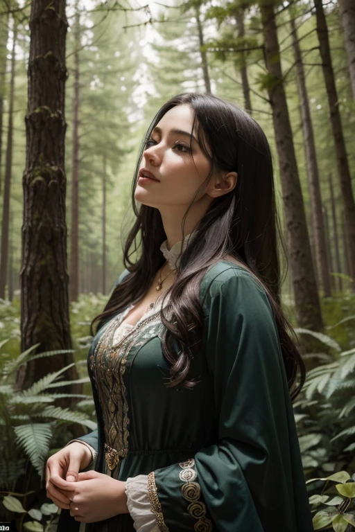 ((best qualityer)), ((work of art)), (detailded), Describe a beautiful image of a witch in the forest with an air of victory. She&#39;s in a mystical setting, surrounded by ancient trees and illuminated by the soft light of the full moon. Dressed in a black cape that flutters in the wind, She raises a staff adorned with shining crystals. Your face expresses triumph and power, with a confident smile. Around her, little beams of light dance in the air, suggesting the presence of magic. The atmosphere is both charming and powerful, capturing the essence of your victory in the magical forest.
