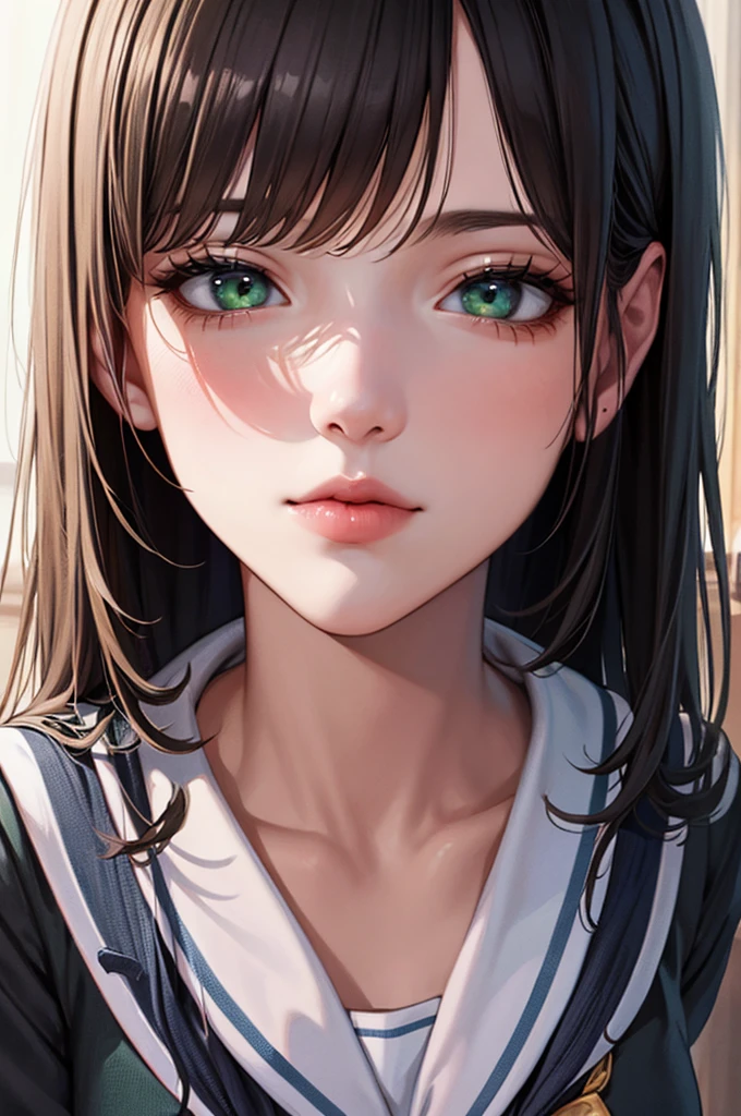 (Surreal), (8K), (Very detailed), (Best illustrations), (Beautiful attention to detail), (Highest quality), (Super detailed), (masterpiece), (wallpaper), (Detailed face), alone, 1 Girl,  (school uniform:1.3), Looking at the audience, Exquisite detail, Detailed face, ,Pure Erotic Face Ace_ v1, green eyes 