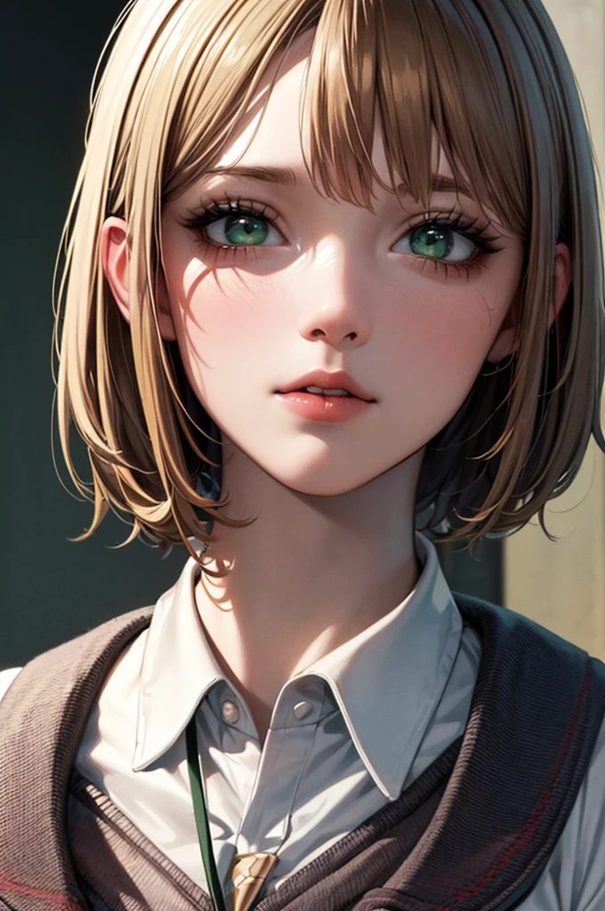 (Surreal), (8K), (Very detailed), (Best illustrations), (Beautiful attention to detail), (Highest quality), (Super detailed), (masterpiece), (wallpaper), (Detailed face), alone, 1 Girl,  (school uniform:1.3), Looking at the audience, Exquisite detail, Detailed face, ,Pure Erotic Face Ace_ v1, green eyes 