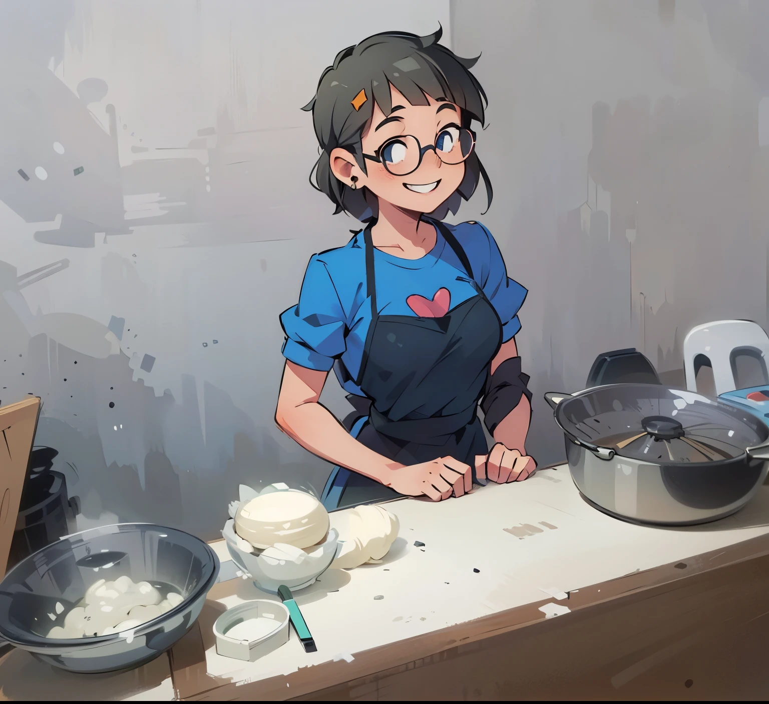 masterpiece, highest quality, (fine eyes), one high school girl, medium breasts, eyeglasses, grin and laugh, earrings, white apron, Puffy short sleeves, ((long black hair))