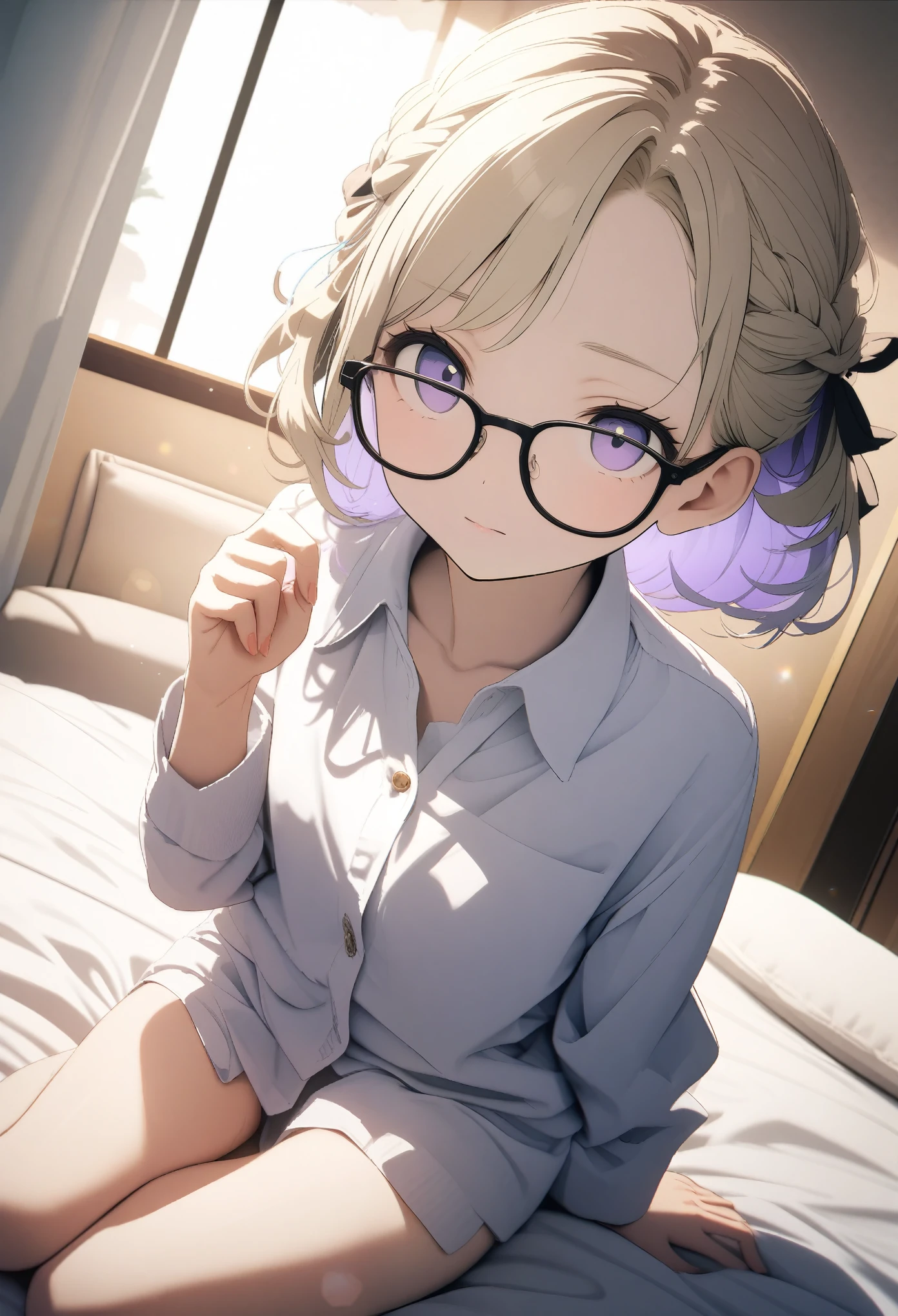 ****************, ((High-end sexy luxury、Stylish glasses))、(Blonde、Light purple inner color hairstyle), Beautiful Hair, Facial Contour, Remember, Hotel, moonlight、splash, Lens flare,, Natural Color, High resolution, Very delicate, Very detailed, 8k,（Breast swelling、About B cup）、(Shyness),((Sexual))、Sitting on the bed、(Sexualな画角)、Top view angle