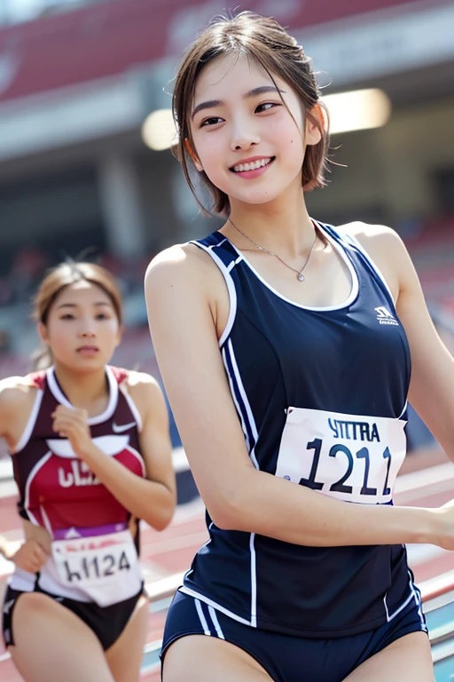 (masterpiece,Highest quality,Ultra-high resolution),Japanese women, (((A very beautiful girl))), pretty girl、View Photographer、Front view, ((short hair)), Super cute face, Glossy Lips, Double eyelids on both eyes,A cheerful smile、 Natural Makeup, Long eyelashes, Shiny and smooth hair、(Big stadium)、Center image, Perfect limbs, Perfect Anatomy,(((Track and field uniforms))),Her bra is visible from the side of her uniform,