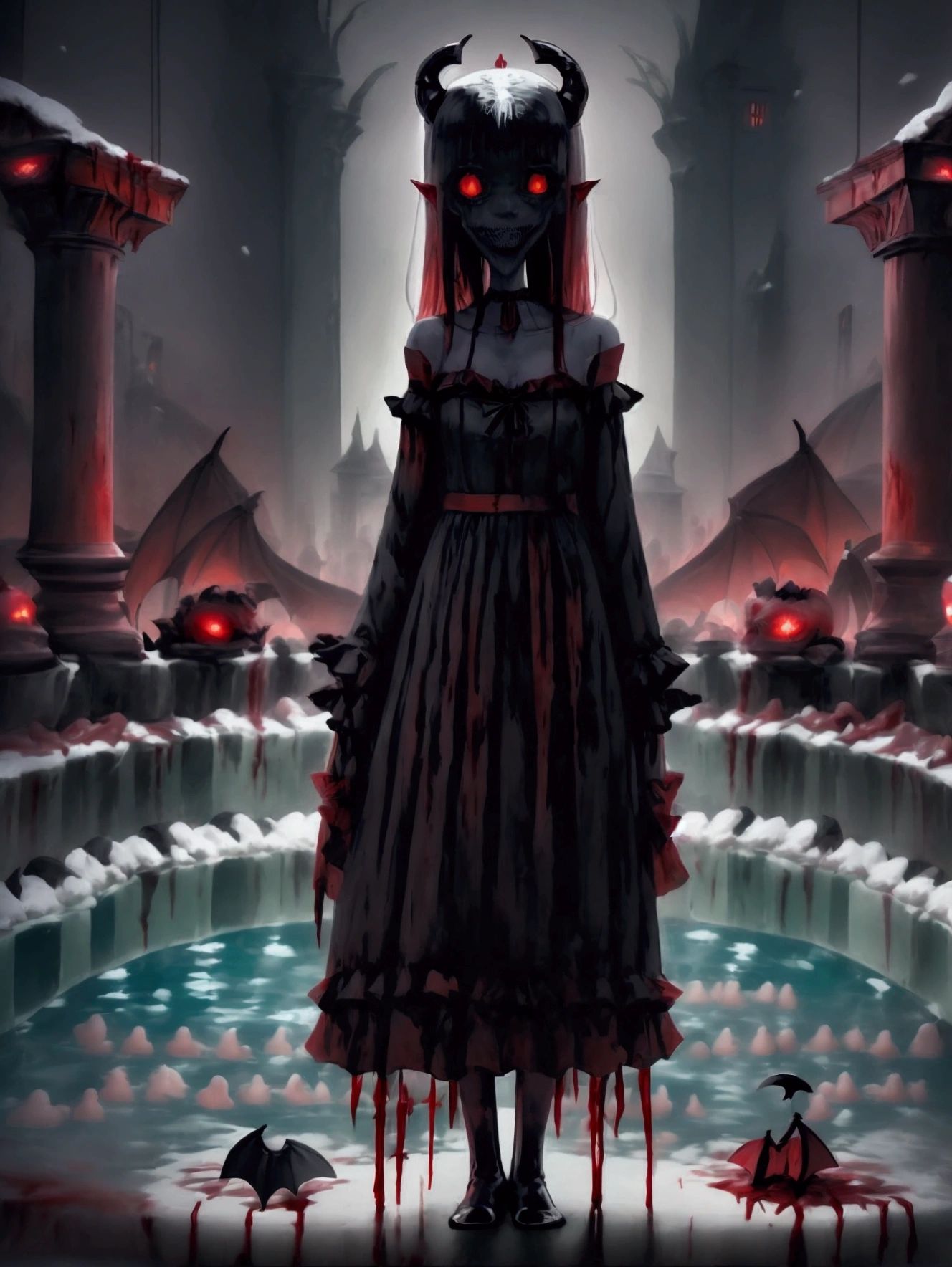 ,Long-necked monster,Too long neck,the neck is very long,Absurd, High resolution、 ((Tabletop)), ((Highest quality)), (Very detailedな), ((Very detailed)), (beautiful), ((pretty girl)), (NFSW:1.8), alone,(10 years old:1.6)、(world'The most terrifying and creepy demon girl:1.5)beautiful face、Whole Body Ezbian、pale, Beautiful Skin、beautiful黒の髪、Smiling Kindly、Dark building ruins、(snow white'Frill dress:1.3)、(The dark ruins are stained with blood:1.3)、Low angle full body shot、(Girl standing in a pool of blood:1.5)、(The ground is full of blood:1.3)、(The girl lost a lot of blood...:1.3)、)、(Crazy Smile:1.6)、Spirits、(Blood dripping from the mouth:1.3)