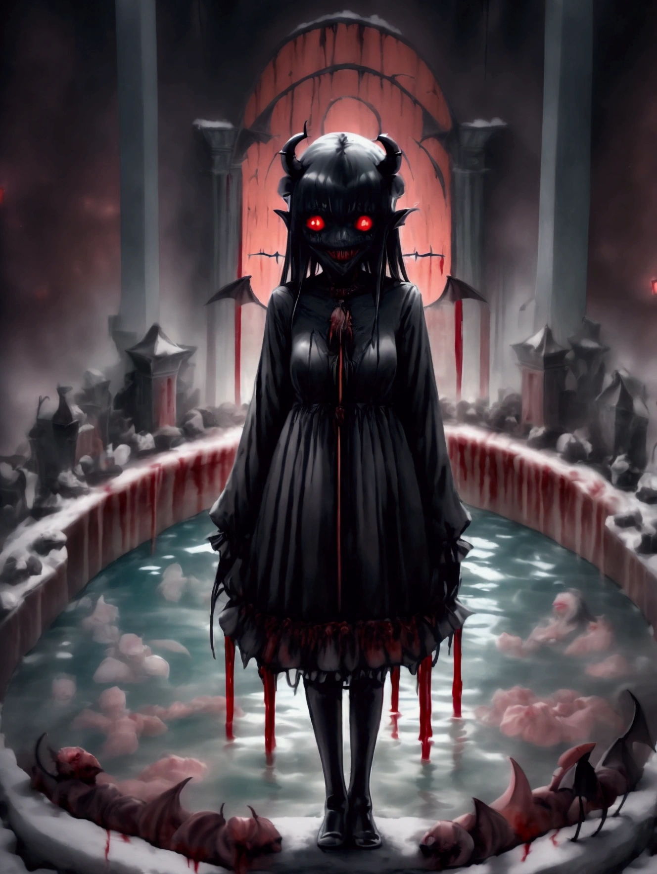 ,Long-necked monster,Too long neck,the neck is very long,Absurd, High resolution、 ((Tabletop)), ((Highest quality)), (Very detailedな), ((Very detailed)), (beautiful), ((pretty girl)), (NFSW:1.8), alone,(:1.6)、(world'The most terrifying and creepy demon girl:1.5)beautiful face、Whole Body Ezbian、pale, Beautiful Skin、beautiful黒の髪、Smiling Kindly、Dark building ruins、(snow white'Frill dress:1.3)、(The dark ruins are stained with blood:1.3)、Low angle full body shot、(Girl standing in a pool of blood:1.5)、(The ground is full of blood:1.3)、(The girl lost a lot of blood...:1.3)、)、(Crazy Smile:1.6)、Spirits、(Blood dripping from the mouth:1.3)