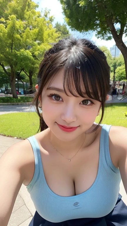 Light blue tank top, Highest quality,  Very detailed, finely, High resolution, 8k wallpaper, Black Hair、Perfect dynamic composition, finelyて美しい目,  Natural Lip, (Big Breasts:1.2), Cleavage, smile、ponytail、((Bend over and peer at me))、((Close your mouth))、((Park Background))、blue sky、White flared skirt