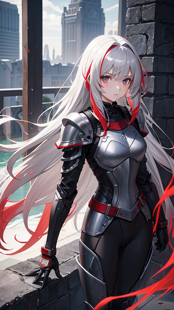 15 year old girl with long gray hair with armor and two legs and two arms and half of her hair is red and her armor is red white and black armor is black or white and a commander's hat and blue eyes and weapons and katanas swords