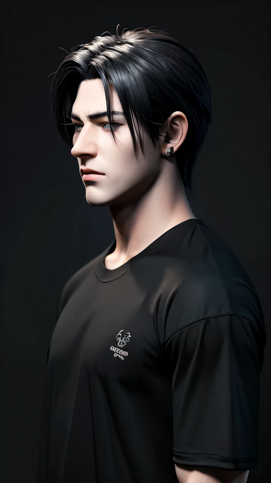 create a 3D realistic handsome anime boy it's small when done on the face Gojo in jujustsu kaisen look black and white hai Korean hairstyles r mixed blue eyes the eyelashes are white, the eyes with shades are heavy, the lips are red, the skin is smooth with demond mask has a tattoo on his face that is later "C" font tribal wearing a dark t shirt wearing black pants background darkfantsy