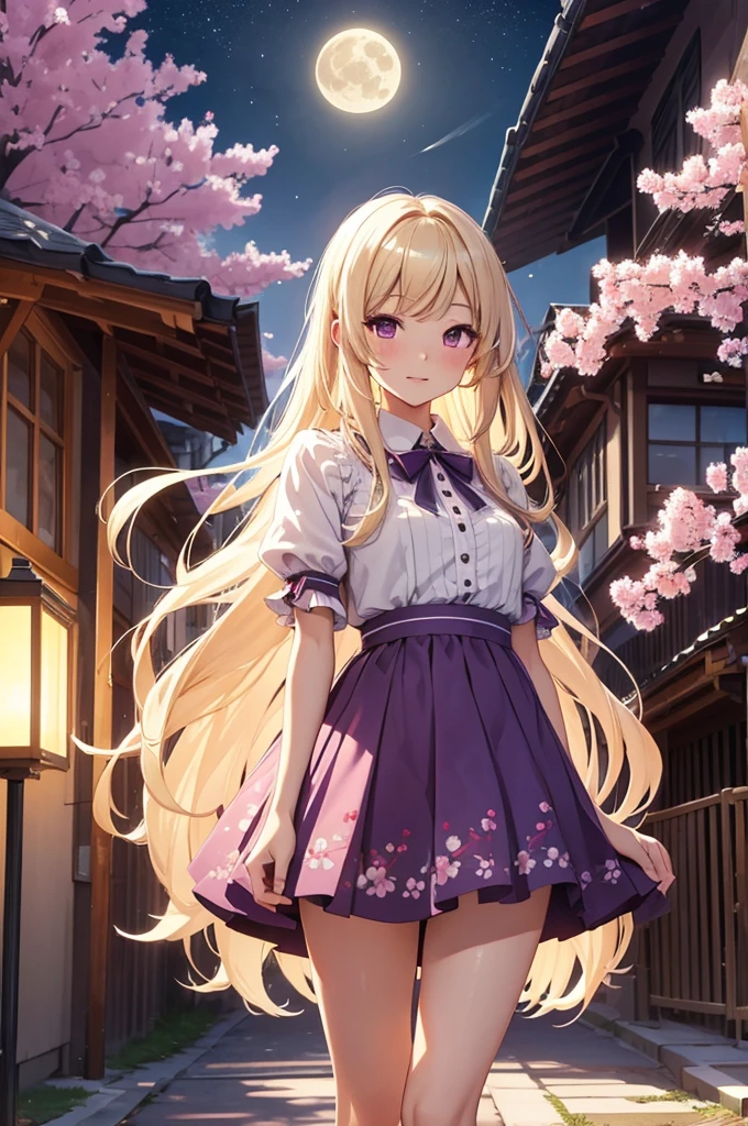 Illustration of Nita Minami, small details, 4k,beautiful girl, white woman,Western-style building, cherry blossom, full moon,highest quality, eyes, dress,long hair,purple dress,yukari yakumo,masterpiece,intricate details, beautiful and detailed face, See-through, looking at the viewer, open your mouth,dull bangs, Happy, Are standing, cowboy shot,blonde hair,jk,17,mini skirt,know socks,