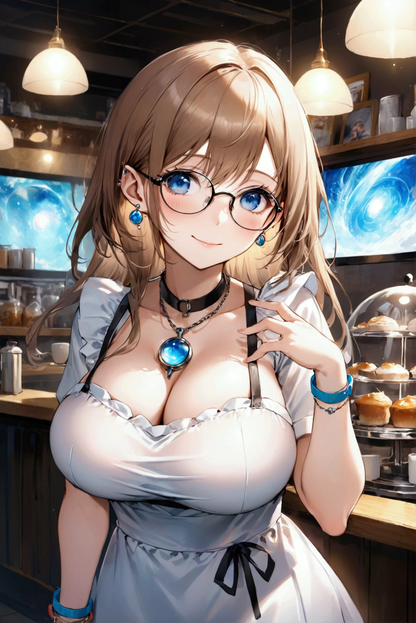 (Highest quality, 8k, 32K, masterpiece, Ultra-high resolution,:1.2),to be born, One Girl,So cute ,Cafe, A fantasy background reminiscent of an electronic world, clear, Shining Eyes, Age 25 ,Fair skin, Brown-haired girl, apron, An innocent smile, blue eyes, Pierced ears sparkle, An elegant necklace adorns her slender neck., Rings and bracelets decorate the fingers. expensive_Big Breasts, Big Breasts, doctor, Long Hair, Glasses, Sexy Costumes, Side Tail, Looking up