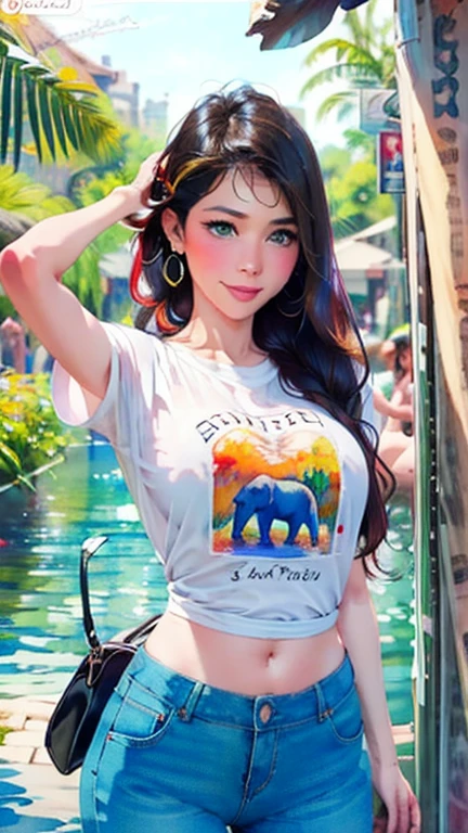 a tropical painting with elephants, splatter background, elephants design t-shirt and jeans, woman upper body centered, multi-color hair, big happy smile, watercolor art,  watercolor painting, watercolor painting style, watercolor detailed art, watercolor digital painting, watercolor paint, masterfully detailed watercolor, watercolor art