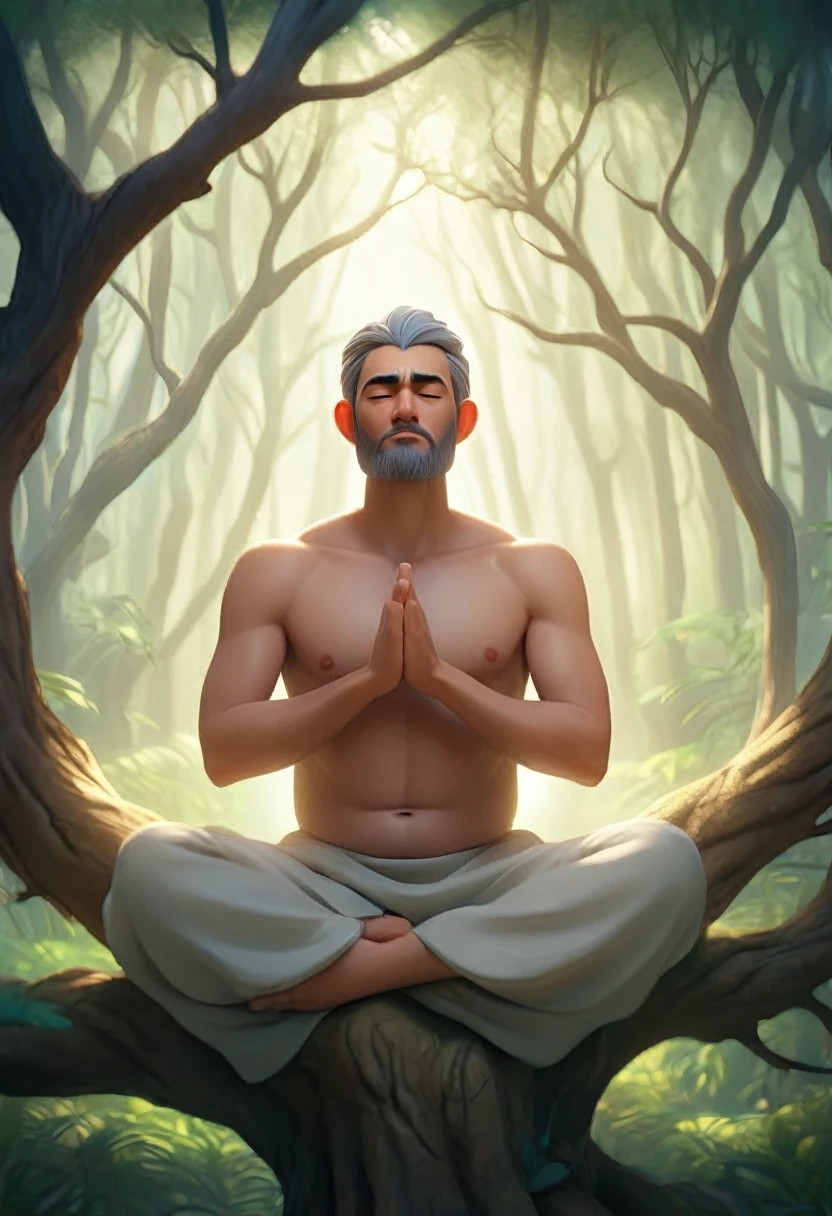 a man sitting in a tree, stoic pose, meditation pose, hands crossed, baobab trees, focus on the trees, blue hair and beard, (best quality,4k,8k,highres,masterpiece:1.2),ultra-detailed,(realistic,photorealistic,photo-realistic:1.37),dramatic lighting,cinematic composition,intricate details,moody atmosphere,vibrant colors,fantasy,conceptart