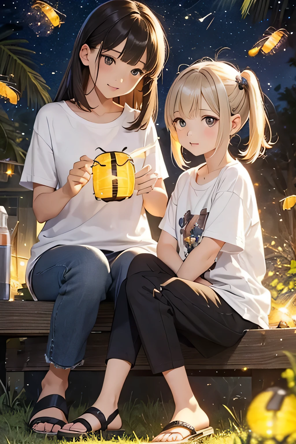 Highest quality、High resolution、Detailed Background、(Beautiful face in every detail:1.4)、Anatomically correct、(Normal number of fingers:1.2)、Detailed eyes、Teenage beauty、Highly detailed face、Perfect body line、Light color hair、Bobcut、ponytail、Twin tails、well-groomed eyebrows、Natural beauty、Excited、Under the night sky、A fun atmosphere、Cowboy Shot、(Two girls searching for and observing fireflies:1.5)、
The girl's eyes sparkle、The small hand points to the surface of the river、My friend and I are following the glow of fireflies through the bushes.、
While calling out to each other, they searched carefully through the grass.、The light of fireflies appearing one by one from among the bushes、
Using the light of a flashlight, I approached quietly and observed、The girls are fascinated by the fireflies that shine so hard with their small bodies.、
Friends watching fireflies through a magnifying glass and drawing pictures in a sketchbook、Open the illustrated book and discuss the types of fireflies and their ecology.、
Incorporate bright colored tops and reflective materials instead of just black or navy blue、T-shirts, shorts, etc.、A light yellow T-shirt and denim shorts、Grey t-shirt and black leggings、Sandals for your feet、Insect repellent spray、flashlight、drink、towel、Insect netting、Keep the flashlight light low、magnifying glass、Illustrated Book、Wonderful summer memories、cute