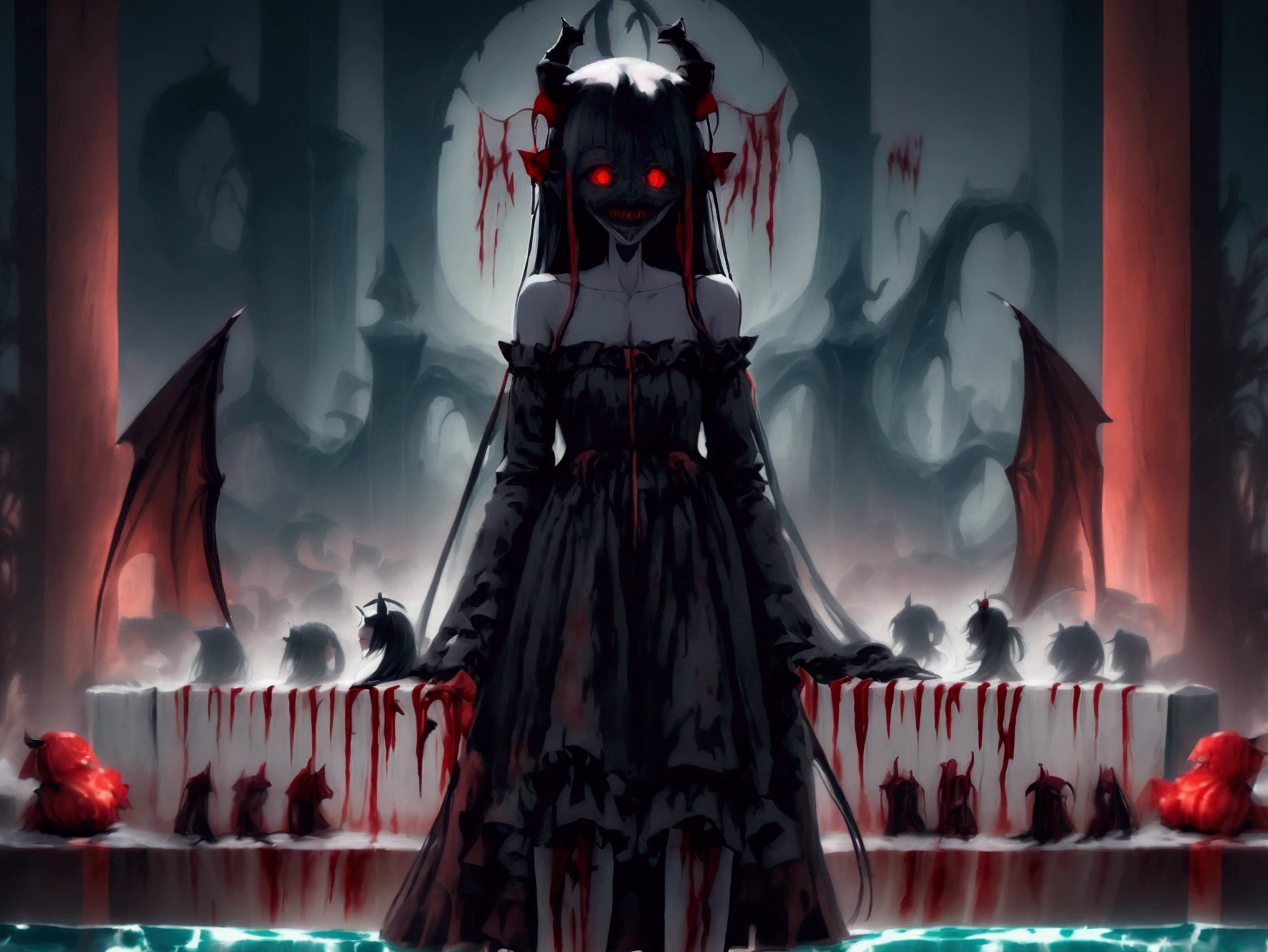 (Highest quality,4K,High resolution,masterpiece:1.2),Very detailed,Realistic:1.37,masterpiece, Highest quality, Exquisitely crafted, woman, beautiful, elegant, smile, Blood, iridescent Long Hair, bangs, skirt, shirt, Long sleeve, Frills, shoes, (Red and Black:1.4), flower, Spooky, Horror, 頭蓋Bones, Long Hair, Black Hair, Candles, Blood, hair flower, The dead, hair ornaments, Bone, doll, 頭蓋Bone, skeleton, Horror (theme),Spooky altar background,Dark fantasy,Red color scheme,Ominous atmosphere,Eye-catching,Storytelling,anatomy,Anime Style,Concept Art,beautiful細部までこだわった顔と (((Red eyes ))),Terrifying Ritual ,Satanic Ritual,Untimely Death,Unjust act,クレイジーなsmile,Scythe Face,Girl Monster, beautiful, Delicate facial features, Sharp Eye, Sharp Fangs, Pale skin, Blonde,robot,Cursed Painting, Dark Background, Cinema Lighting, Dramatic Shadows, Gothic style, Gloomy atmosphere, Dark fantasy, One Girl, , Please open your mouth wide, Open your mouth and baring your teeth,Sharp teeth like a beast, Wide lips, very wide mouth, Vermilion cheeks, ,(Bloodしぶき:1.4),Scary smile, laugh at,Fallen angel design, ねじれたsmile、Bloodまみれの、頭からの出Blood,、Bloodしぶき、,(Bloodしぶき:1.4),Crossbones, 頭蓋Bone,Horrorスタイル, ((Fantasy Fallen Angel Costume)), ((流れるようなBlack Hair)), ,(Bloodしぶき:1.4),womanの曲線, Sexy flat stomach, Perfect hands, Perfect anime face, ((White Lolita Dress)), Are standing, ((邪悪なsmile)), ,(Bloodしぶき:1.4), Steam circulates, Moonlight Illumination, night lighting, disaster々new devil horns,,(Bloodしぶき:1.6),アニメFallen angel design, ねじれたsmile、Bloodまみれの、頭からの出Blood,、Bloodしぶき、,(Bloodしぶき:1.4),Crossbones, 頭蓋Bone,Gothic architecture、Western architecture、Fantasy World、,Victorian cities, 骸Boneのガス灯,