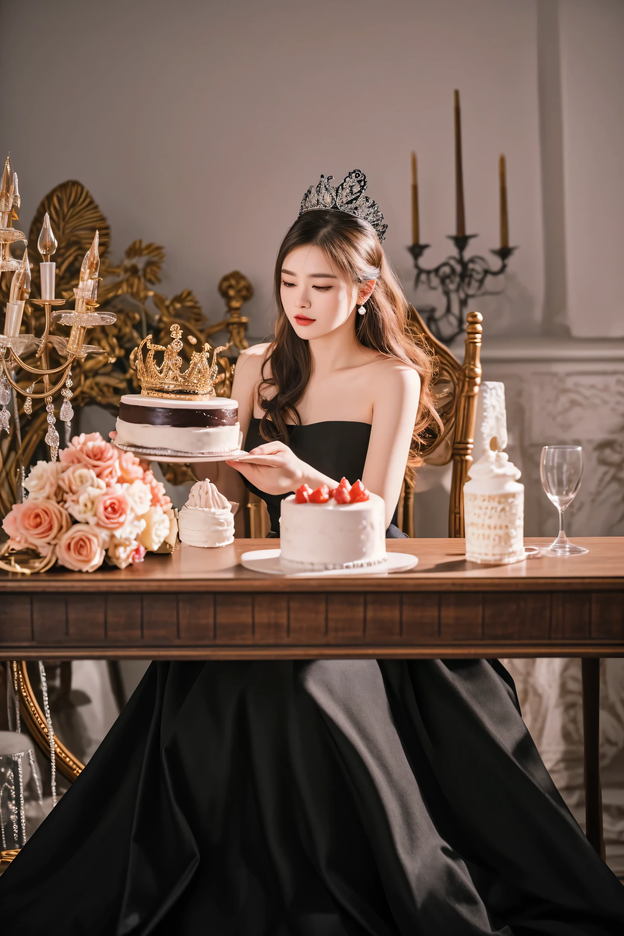 there is a woman sitting at a table with a cake, shot with canon eoa 6 d mark ii, shot on canon eos r5, shot on canon eos r 5, royal elegant pose, taken with canon eos 5 d mark iv, shot on sony a 7 iii, product introduction photos, with crown, photo taken with nikon d 7 5 0
