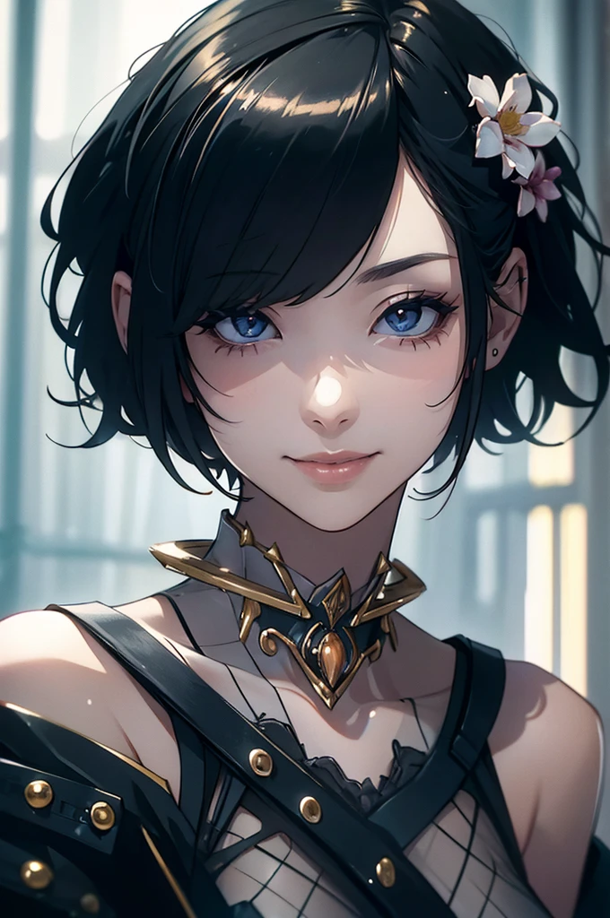 (masterpiece:1.3), (8k, Realistic, RAW Photos, Highest quality: 1.4), Japanese people々, (1 girl),Age 25, Beautiful Face, (Realistic Face), (Black Hair, short hair:1.3), Beautiful hairstyle, Realistic eyes, Beautiful Eyes, Beautiful Eyes, (Realistic Skin), Beautiful Skin, Charm, Ultra High resolution, High resolution, close, Portraiture, Golden Ratio, Detail Makeup, Behold the Beholder, smile, (Shoulder look), Middle Chest,