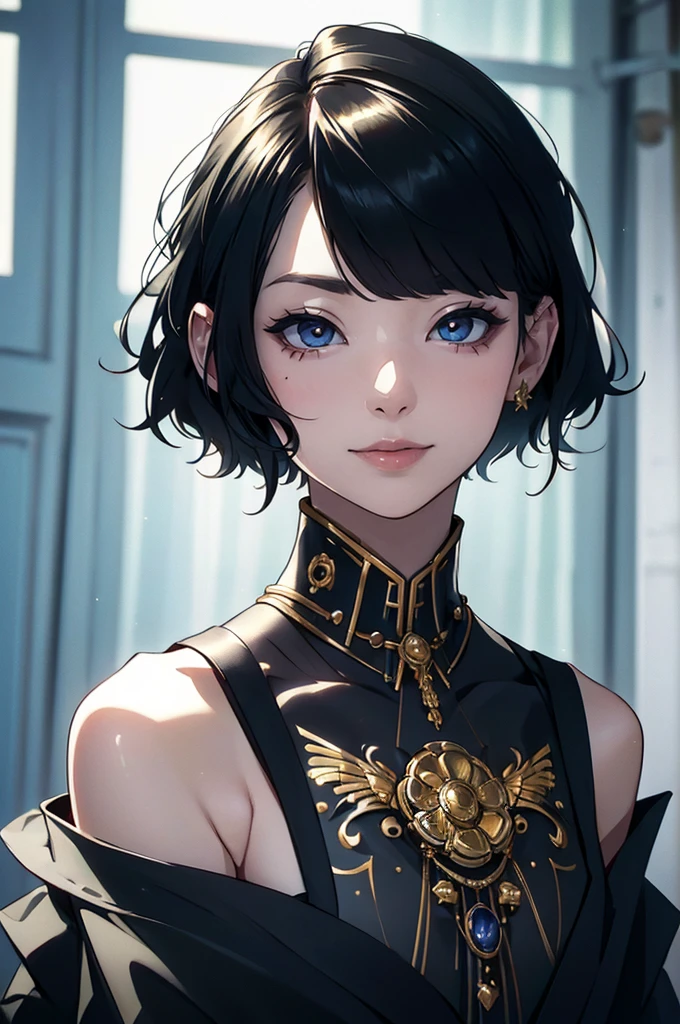 (masterpiece:1.3), (8k, Realistic, RAW Photos, Highest quality: 1.4), Japanese people々, (1 girl),Age 25, Beautiful Face, (Realistic Face), (Black Hair, short hair:1.3), Beautiful hairstyle, Realistic eyes, Beautiful Eyes, Beautiful Eyes, (Realistic Skin), Beautiful Skin, Charm, Ultra High resolution, High resolution, close, Portraiture, Golden Ratio, Detail Makeup, Behold the Beholder, smile, (Shoulder look), Middle Chest,