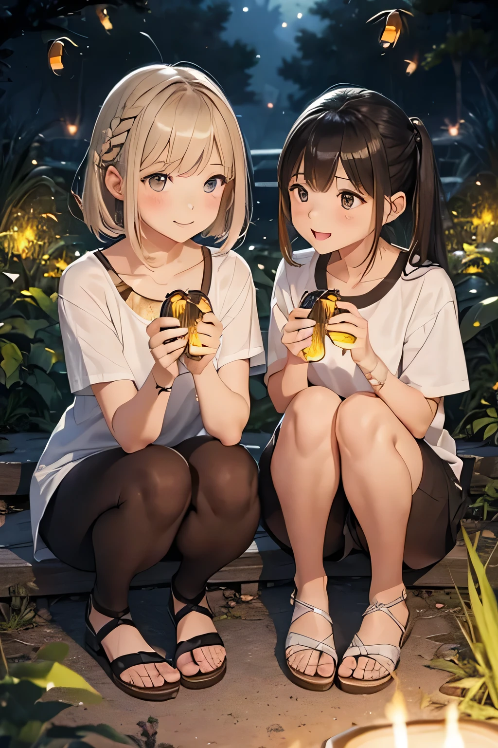 Highest quality、High resolution、Detailed Background、(Beautiful face in every detail:1.4)、Anatomically correct、(Normal number of fingers:1.2)、Detailed eyes、age beauty、Highly detailed face、Perfect body line、Light color hair、Bobcut、Braided Ponytail、Braided twin tails、well-groomed eyebrows、Natural beauty、Excited、(Under the night sky:1.2)、A fun atmosphere、Cowboy Shot、(Two girls searching for and observing fireflies:1.5)、
The girl's eyes sparkle、The small hand points to the surface of the river、My friend and I are following the glow of fireflies through the bushes.、
While calling out to each other, they searched carefully through the grass.、The light of fireflies appearing one by one from among the bushes、
Using the light of a flashlight, I approached quietly and observed、The girls are fascinated by the fireflies that shine so hard with their small bodies.、
Friends watching fireflies through a magnifying glass and drawing pictures in a sketchbook、Open the illustrated book and discuss the types of fireflies and their ecology.、
Incorporate bright colored tops and reflective materials instead of just black or navy blue、T-shirts, shorts, etc.、Black leggings、sandals、Insect repellent spray、flashlight、drink、towel、Insect netting、Keep the flashlight light low、magnifying glass、Illustrated Book、Wonderful summer memories、cute
