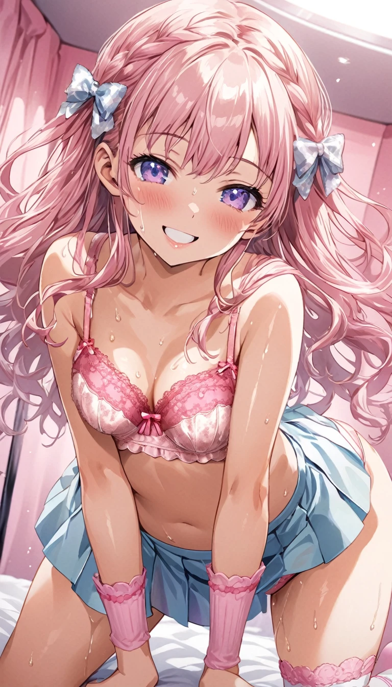 Clear painting style、beautiful girl、、Girly Hair、Pink Room、Girly Fashion、Pleated skirt、Knee socks、Highest quality, smile,Spread your legs and get on all fours、girly panties、Girly Bra、Sweaty crotch、Low Angle、Cowboy Shot、Put your hands on your bra