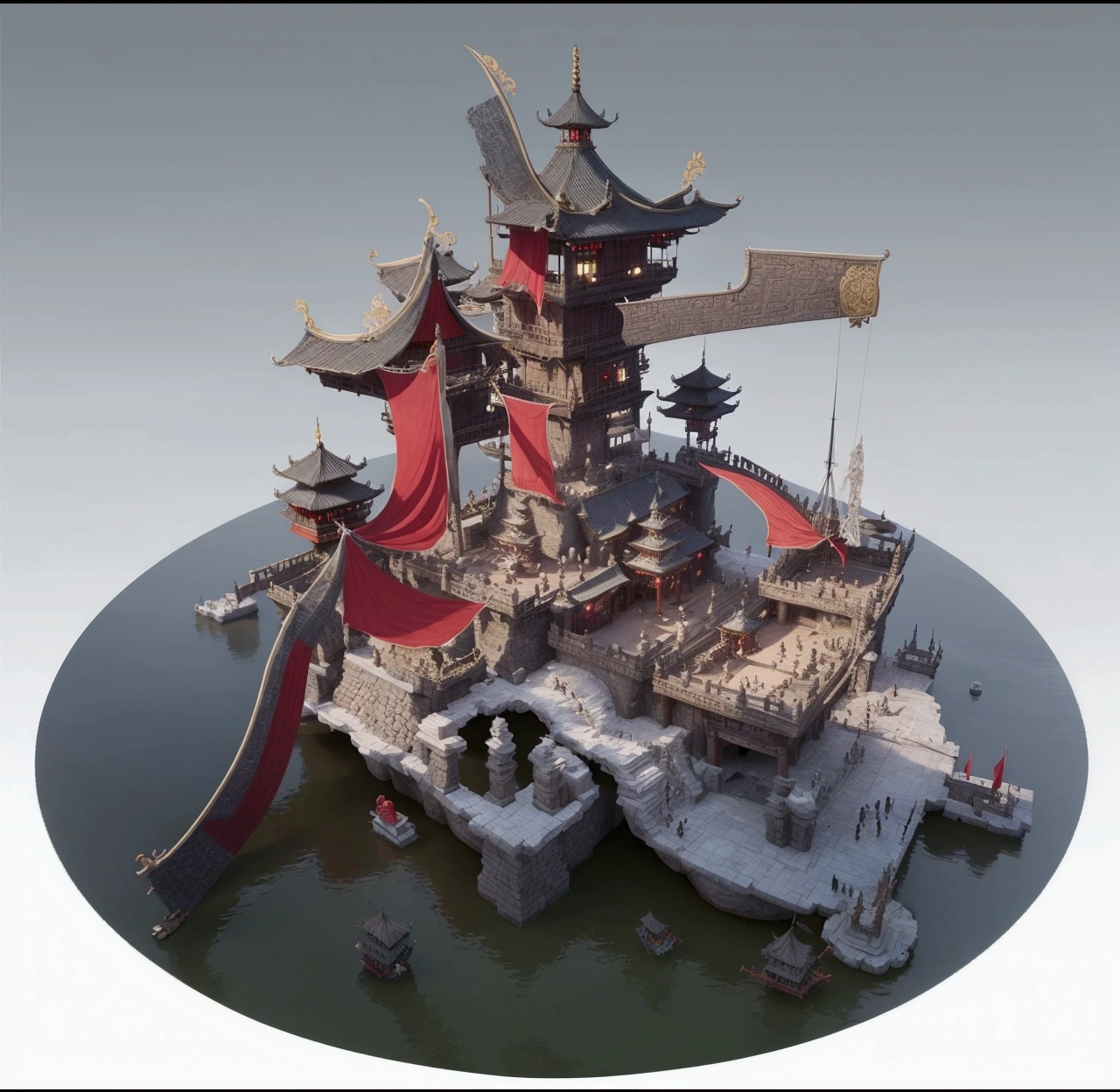 there is a small boat that is floating in the water，There is a windmill on it, Beautiful rendering of the Tang Dynasty, Palace on the water, A huge floating castle, Final Render, Final Render, Detailed and complex rendering, submerged temple scene, Created by senior environment artists, Complex 3D Rendering, Complex 3D rendering, Rendering with Maya and Houdini, Very detailed rendering, Polycount competition winner