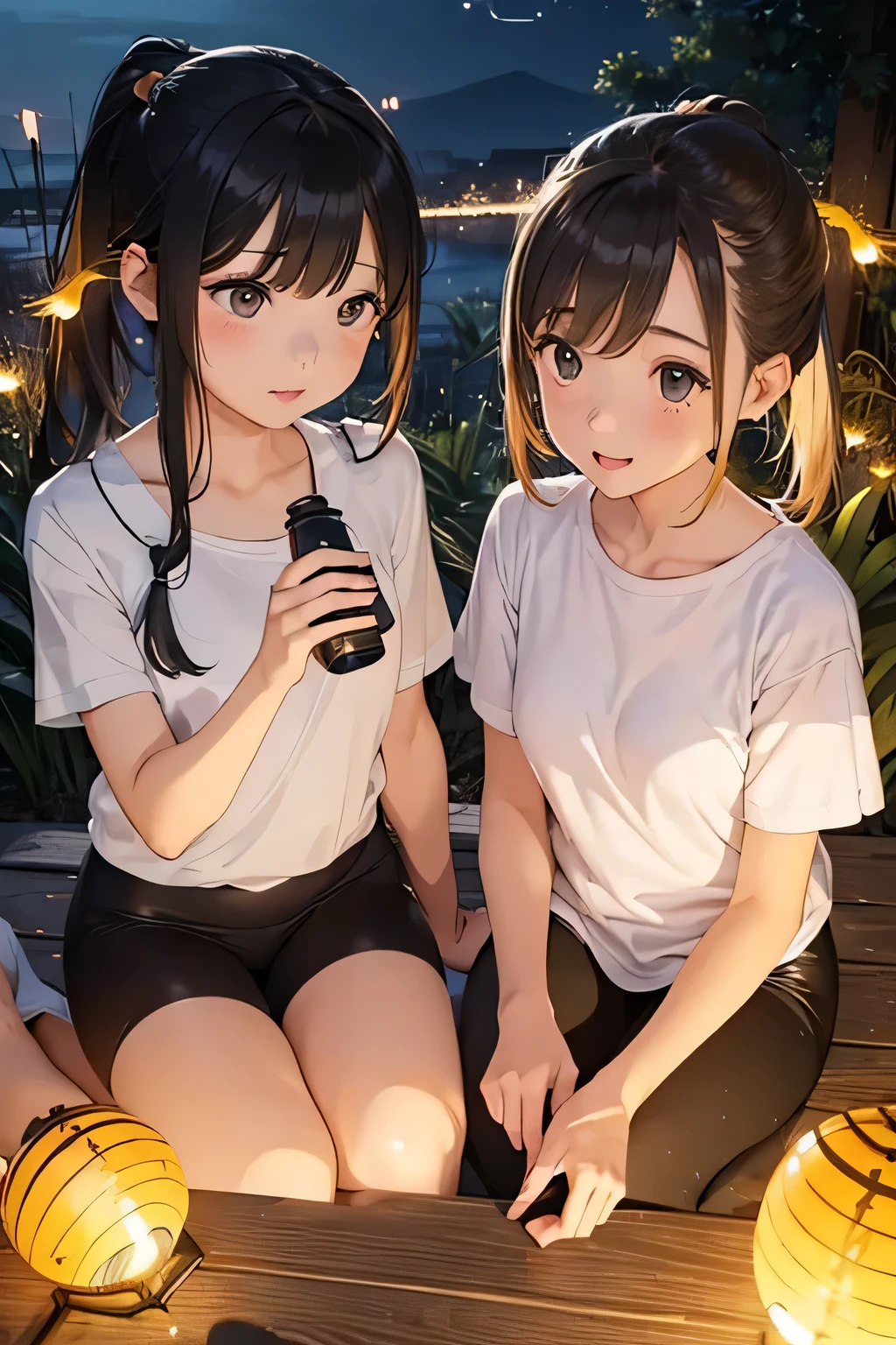 Highest quality、High resolution、Detailed Background、(Beautiful face in every detail:1.4)、Anatomically correct、(Normal number of fingers:1.2)、Detailed eyes、Teenage beauty、Highly detailed face、Perfect body line、Light color hair、Bobcut、Braided Ponytail、Braided twin tails、well-groomed eyebrows、Natural beauty、Excited、(Under the night sky:1.2)、A fun atmosphere、Cowboy Shot、(Two girls searching for and observing fireflies:1.5)、

The girl&#39;s eyes sparkle、The small hand points to the surface of the river、My friend and I are following the glow of fireflies through the bushes.、
While calling out to each other, they searched carefully through the grass.、The light of fireflies appearing one by one from among the bushes、
Using the light of a flashlight, I approached quietly and observed、The girls are fascinated by the fireflies that shine so hard with their small bodies.、
Friends watching fireflies through a magnifying glass and drawing pictures in a sketchbook、Open the illustrated book and discuss the types of fireflies and their ecology.、

Incorporate bright colored tops and reflective materials instead of just black or navy blue、T-shirts, shorts, etc.、Black leggings、sandals、Insect repellent spray、flashlight、drink、towel、Insect netting、Keep the flashlight light low、magnifying glass、Illustrated Book、Wonderful summer memories、cute