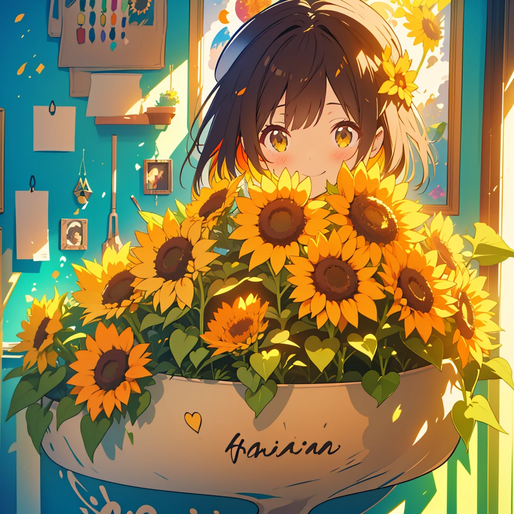 kawaii, anime, Cute, hyper quality, highly detailed, 8k, Clarity, Draw facial expressions in detail, Paint a sunflower on a canvas on the wall, Girl with long dark brown hair and green eyes, highlight on eyes, artistic, art, painting, paint splatters, brushes are scattered on the floor, scribble, whole body, world of paintings, Unconventional idea, Artistry, Imagination, smile, 999 small sunflowers, painter, beret, hold a brush, colorful ink, 999 sunflowers cover the screen, sun reflected on the water surface, rainbow ink splash, ink splash, sunlight shines in, Richly colored, close up of facial expression,