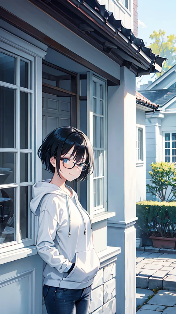 Create a side view of a young woman wearing black-rimmed glasses and a light blue denim hoodie. Her short black hair was thin and slightly flowing. She wore a hood covering half of her head, revealing only part of her face. The young woman smiled warmly and friendly. Her gaze turned slightly to the side. It shows happiness and satisfaction at that moment. The background consists of a white car parked near a house with light-colored pillars and roof. The overall atmosphere of the picture is outdoorsy, bright and comfortable.