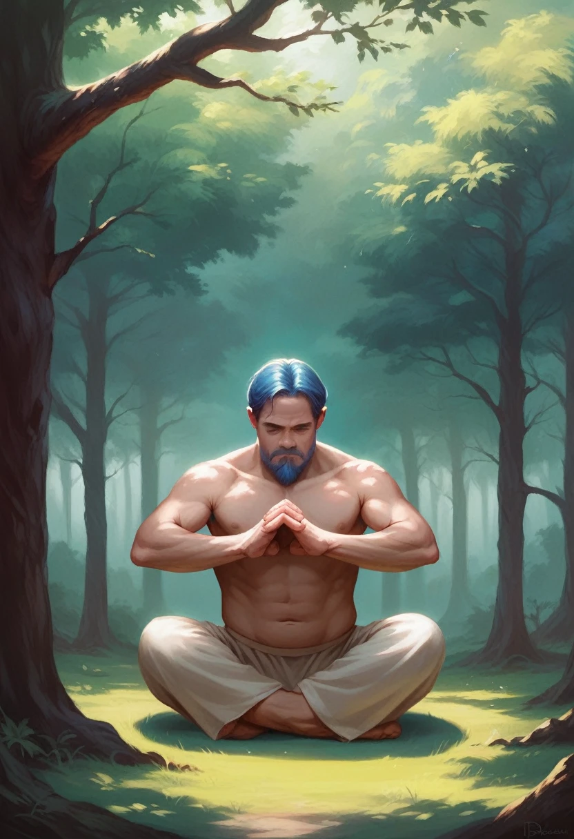 a man sitting in a tree, stoic pose, meditation pose, hands crossed, baobab trees, focus on the trees, blue hair and beard, photorealistic, highly detailed, 8k, dramatic lighting, moody atmosphere, rich colors, cinematic composition