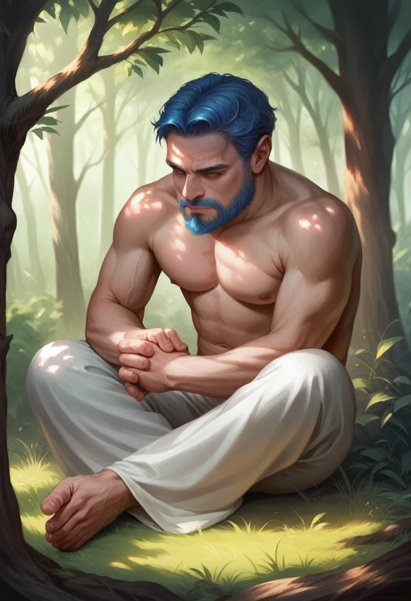 a man sitting in a tree, stoic pose, meditation pose, hands crossed, baobab trees, focus on the trees, blue hair and beard, photorealistic, highly detailed, 8k, dramatic lighting, moody atmosphere, rich colors, cinematic composition