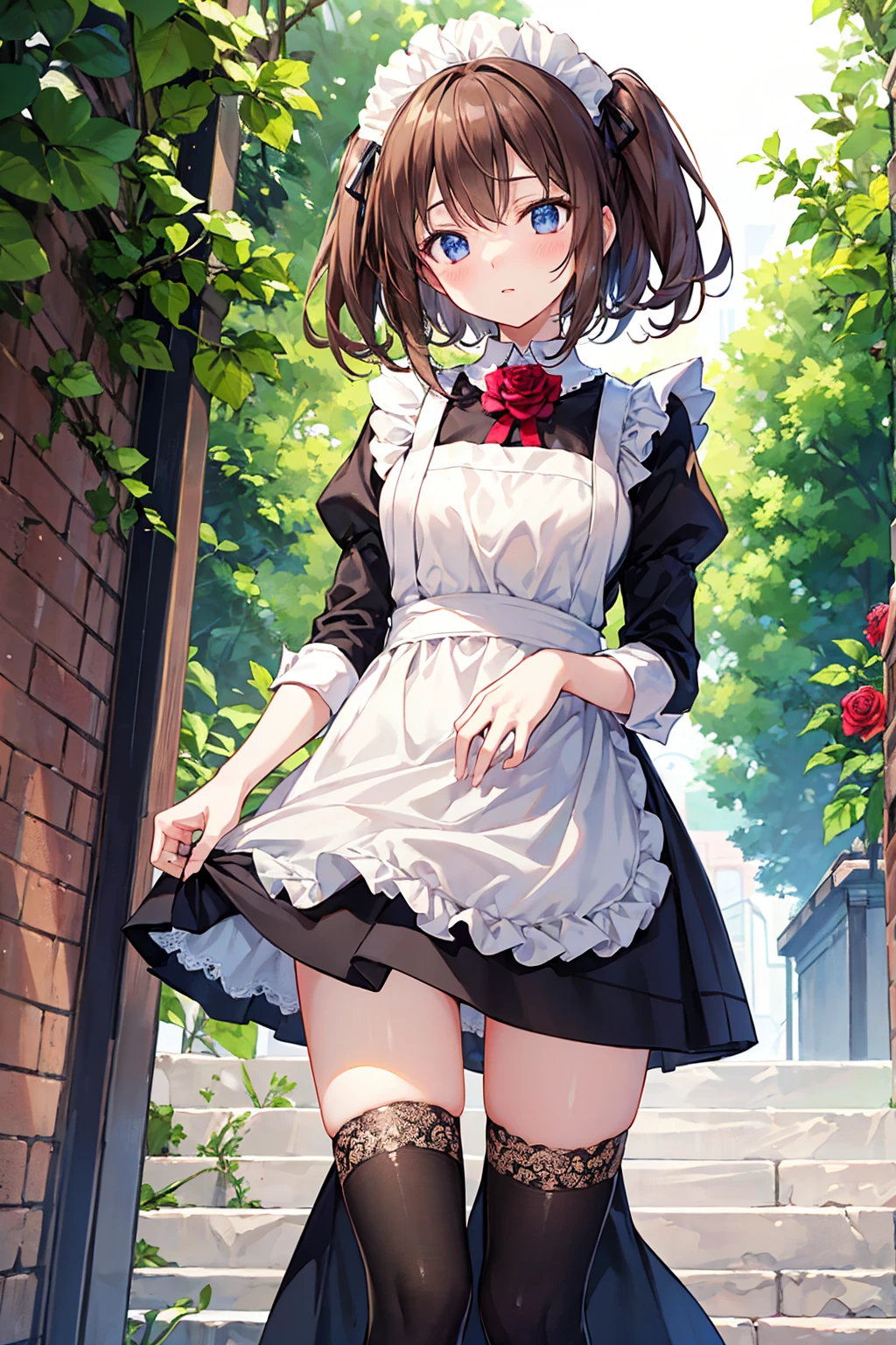(Brown Hair), Hair with one side up, From below, Maid headdress, (((masterpiece))), ((Textured skin)), (((Attention to detail))), High resolution, cute, Lovely, Maid, Apron dress, ((Rose Garden)), sunlight,Sexy,((Highest quality)), (Very detailed), (High-definition CG synthesis 8k wallpaper), 高いly detailed, 高い-definition raw colbor photos, Professional photography, Written boundary depth,