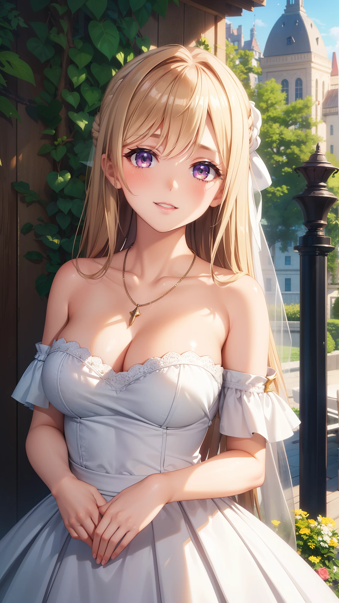 1girl, natural lighting, masterpiece, highly detailed, illustration, game CG, absurdres, high quality, beautiful detailed eyes, glossy lips, natural lighting, medium breasts, klaudia valentz, collarbone, light smile, blush, city, garden, wedding dress, off the shoulder, necklace, jewelry