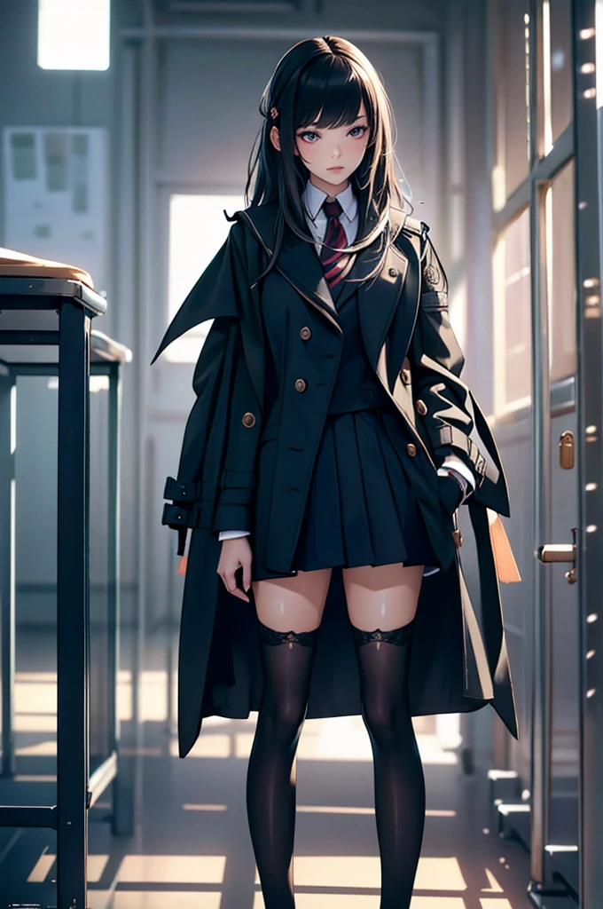 ((masterpiece)), Highest quality, Highly detailed face, Ultra-high resolution, (photoRealistic:1.4), wonderful, In detail, Large file size, Correct Exposure, One girl, Slim body, Height: 162cm, (Intricate details), alone, View your viewers, Perfect lighting, Realistic, lips, blush, Glowing Skin, Fair skin,Highly detailed face, Beautiful attention to detail, (Detail Skin:1.2), compensate, Depth of field, ((school uniform, Overcoat,Black Stockings,Leather shoes,)),whole body, Are standing,