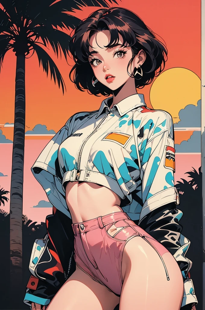 retro girl, Miami, sunset, Ferrari, palm tree, 90's, (flat colors, flat texture, lineart:1.2), graphical design, (heavy ink, ink blacks),