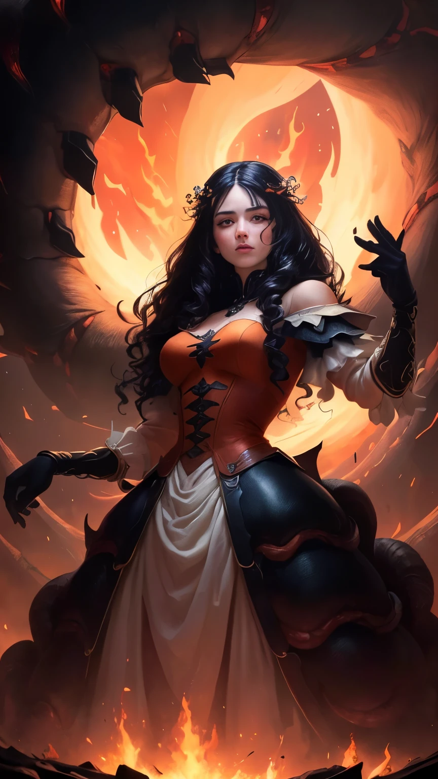 ((best quality)), ((masterpiece)), (detailed), A digital illustration of an injured long black haired woman standing victorious with one hand raised with a giant monster made up of writhing worms getting destroyed in the background. She is wearing a peach-colored princess dress and the background is fiery lava