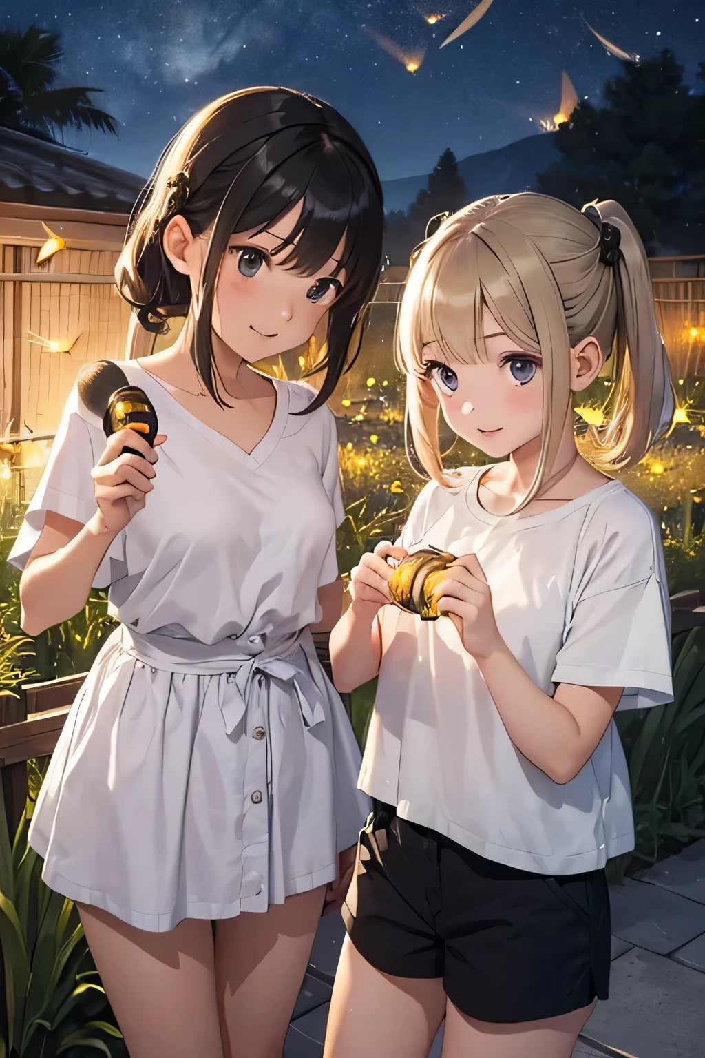 Highest quality、High resolution、Detailed Background、(Beautiful face in every detail:1.4)、Anatomically correct、(Normal number of fingers:1.2)、Detailed eyes、Teenage beauty、Highly detailed face、Perfect body line、Light color hair、Bobcut、Braided Ponytail、Braided twin tails、well-groomed eyebrows、Natural beauty、Excited、(Under the night sky:1.2)、A fun atmosphere、Cowboy Shot、(Two girls searching for and observing fireflies:1.5)、

The girl&#39;s eyes sparkle、The small hand points to the surface of the river、My friend and I are following the glow of fireflies through the bushes.、
While calling out to each other, they searched carefully through the grass.、The light of fireflies appearing one by one from among the bushes、
Using the light of a flashlight, I approached quietly and observed、The girls are fascinated by the fireflies that shine so hard with their small bodies.、
Friends watching fireflies through a magnifying glass and drawing pictures in a sketchbook、Open the illustrated book and discuss the types of fireflies and their ecology.、

Incorporate bright colored tops and reflective materials instead of just black or navy blue、T-shirts, shorts, etc.、Black leggings、sandals、Insect repellent spray、flashlight、drink、towel、Insect netting、Keep the flashlight light low、magnifying glass、Illustrated Book、Wonderful summer memories、cute