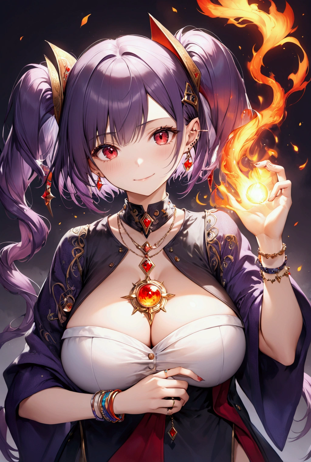 (Highest quality, 8k, 32K, masterpiece, Ultra-high resolution,:1.2),to be born, One Girl,So cute ,Inflammatory background, A fantasy background reminiscent of an electronic world, clear, Shining Eyes, Age 25 ,Fair skin, Girl with purple hair, Long Hair, An innocent smile, Red eyes, Pierced ears sparkle, An elegant necklace adorns her slender neck., Rings and bracelets decorate the fingers. expensive_Big Breasts, Big Breasts, Twin tails, Wizard,, short hair, Hostile,Flame in the hand, I have a spellbook, anger