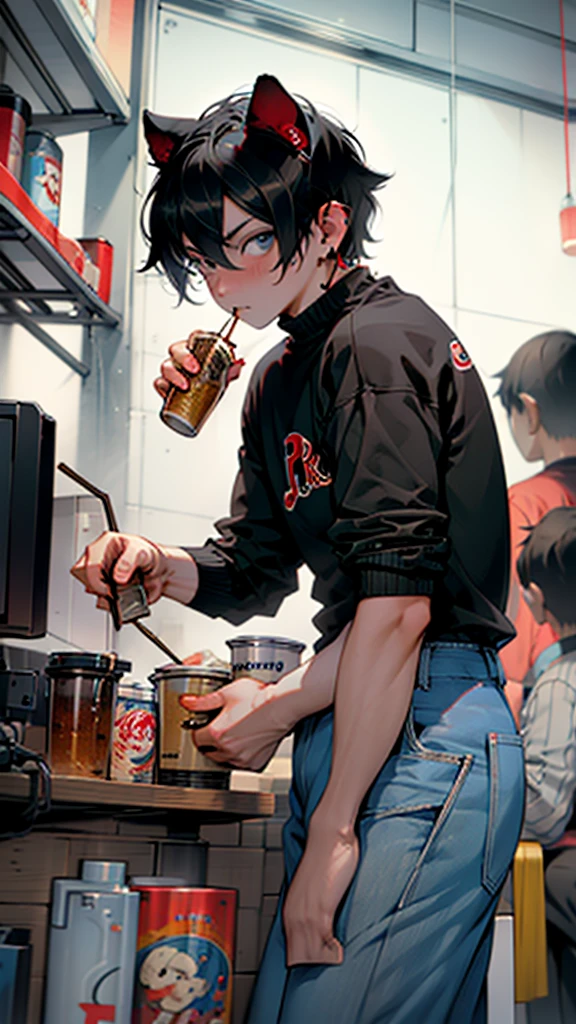 Doraemon with ears drinking beer and eating kebabs in the restaurant,Playing games with some friends,Red and black design style in the restaurant