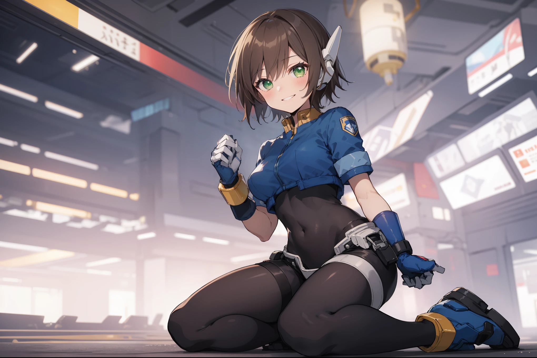 aile_megamanzx, kneeling with one hand on the ground and the other arm raised, 1girl, solo, short hair, brown hair, short sleeves, (bodysuit), robot ears, green eyes, very_short_shorts, short sleeves, short over long sleeves, smile, in futuristic city, , high quality, medium_breasts,crotch, slouch,groin