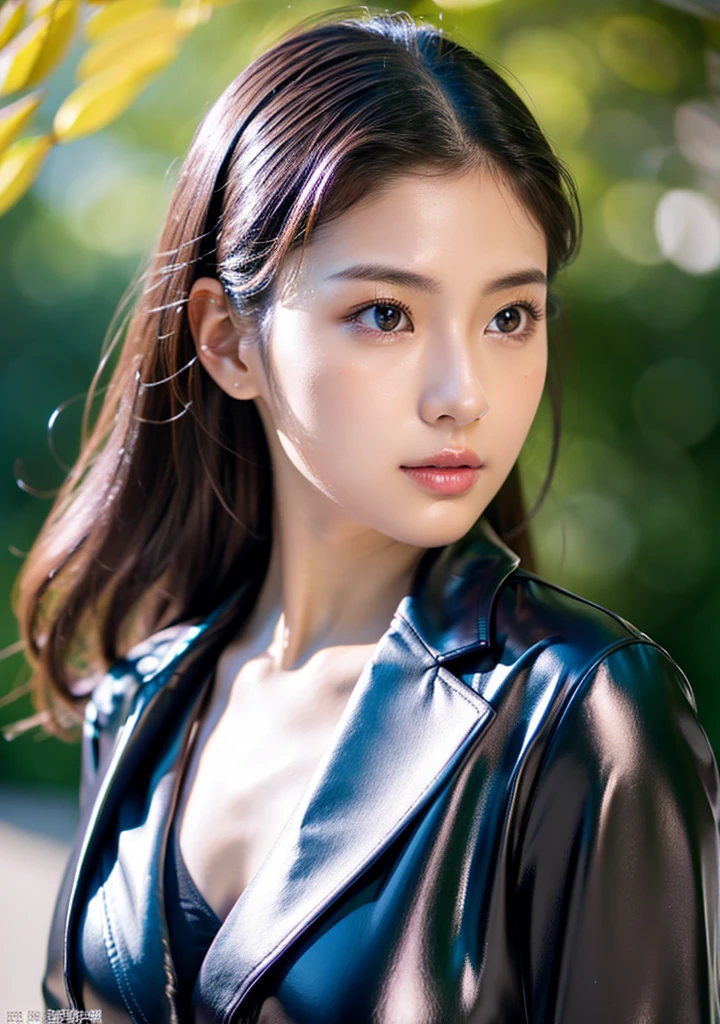 Photo studio、Rubber texture black purple silver leather blazer suit、Shiny black silk shirt、(Large Breasts:1.4)、Japanese、Gravure idol、Cute 18 year old girl,Black hair in a ponytail, masterpiece, 最high quality, 超high quality, high quality, High resolution, 超High resolution, Absurd, 4K, 8k, 16K, Very detailed, Realistic, photo Realistic, RAWphotograph, photograph, Super Fine Illustration,Beautiful Face、Realistic Face、(Ultra detailed hair)、(Ultra-detailed eyes)、Beautiful details、Realistic Skin、Perfect Anatomy、(Detailed skin)、Beautiful Skin、Charm、Ultra high definition、Ultra-realistic、Correct Anatomy, Perfect proportions