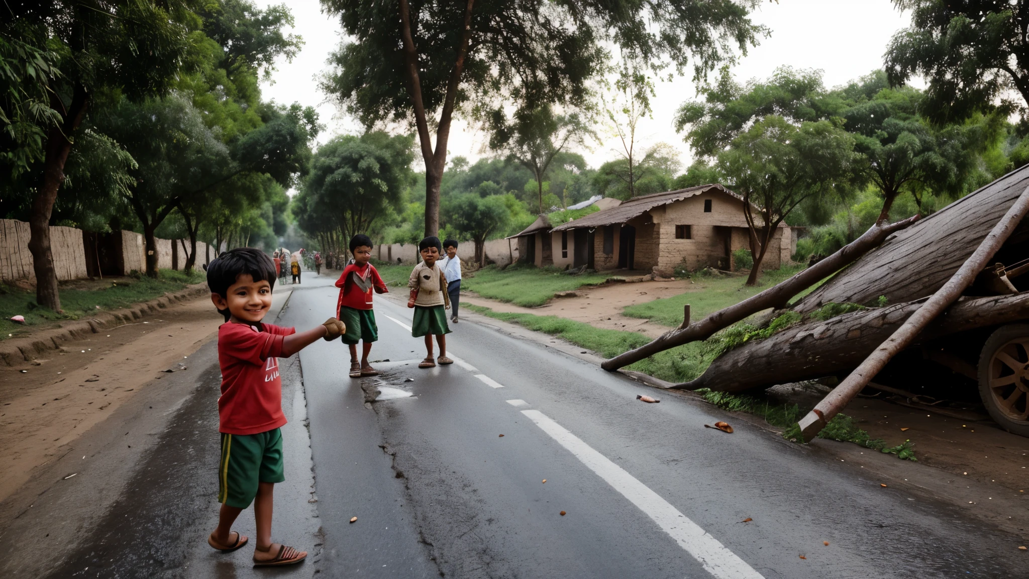 Present a scene where a fallen tree blocks the road in the village, causing trouble for the villagers.
Depict Chotu using his strength to lift and remove the tree, clearing the path.
Highlight the villagers' amazement and gratitude, with Chotu smiling and saying, "Don't worry, I'm here."