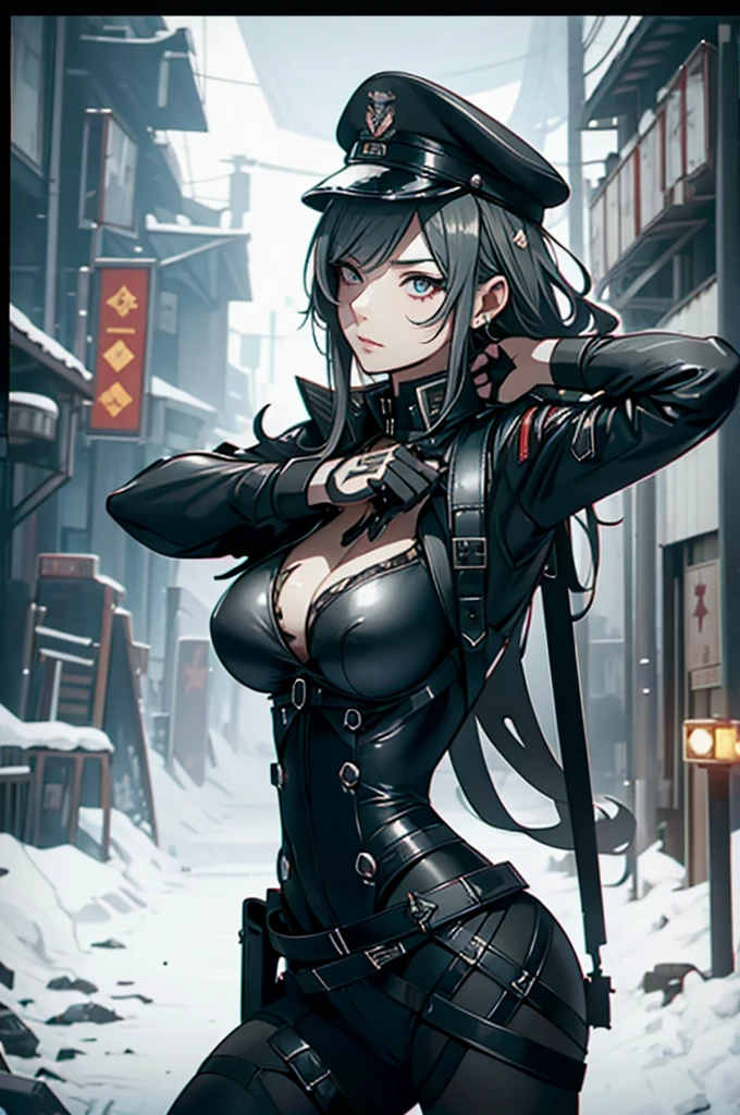 beautiful ((similar)) Lilith Building posing in (Dynamic pose) As a dieselpunk army officer in World War II, Wearing a black leather uniform that shows her cleavage、Wearing a leather military cap, Reference Photo, 最high quality, high quality, (Detailed face and eyes), dusk lighting,, Heavy makeup, industrial use, outdoor snow forest background   ((close))   