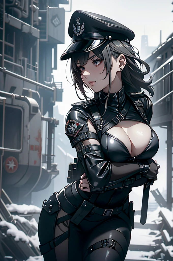 beautiful ((similar)) Lilith Building posing in (Dynamic pose) As a dieselpunk army officer in World War II, Wearing a black leather uniform that shows her cleavage、Wearing a leather military cap, Reference Photo, 最high quality, high quality, (Detailed face and eyes), dusk lighting,, Heavy makeup, industrial use, outdoor snow forest background   ((close))   